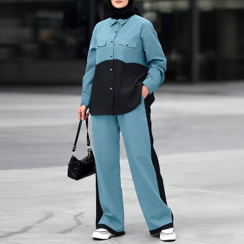 ZANZEA Damen Langarm Patchwork Bluse und Hose Lässige Zweiteilige Anzugsets