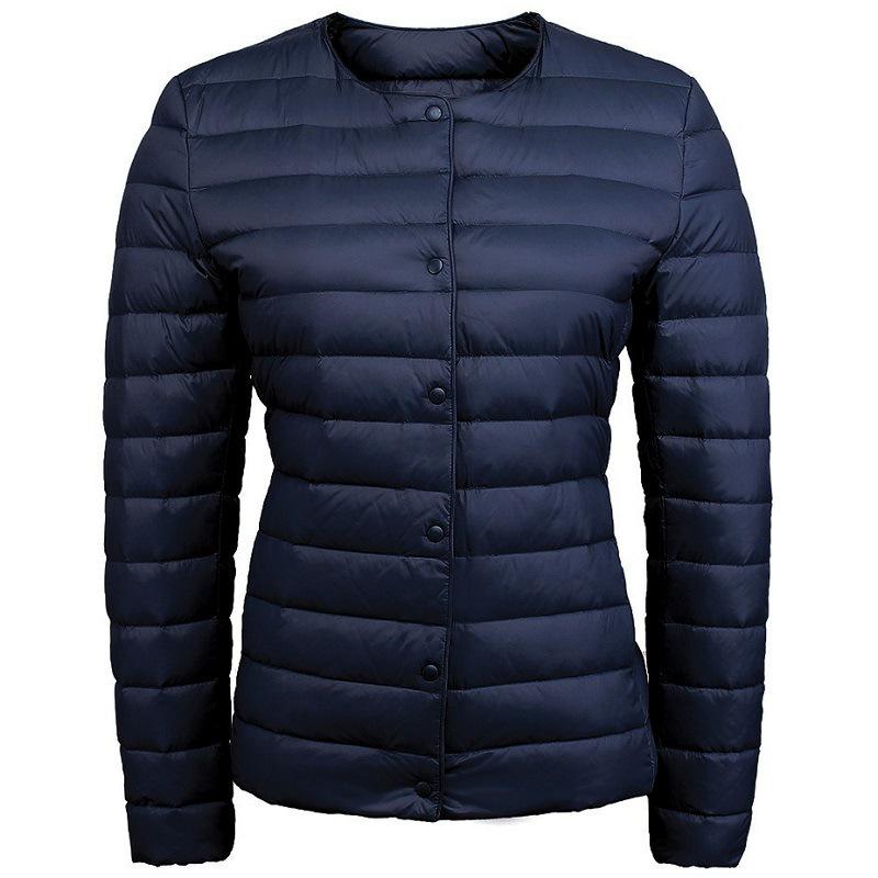 Women's Lightweight Pinghu White Duck Down Jacket, Collarless, Round Neck, Autumn/Winter Outerwear