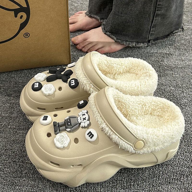 New velvet hole shoes women's winter non-slip outer wear cotton shoes heightened thick-soled home removable cotton slippers