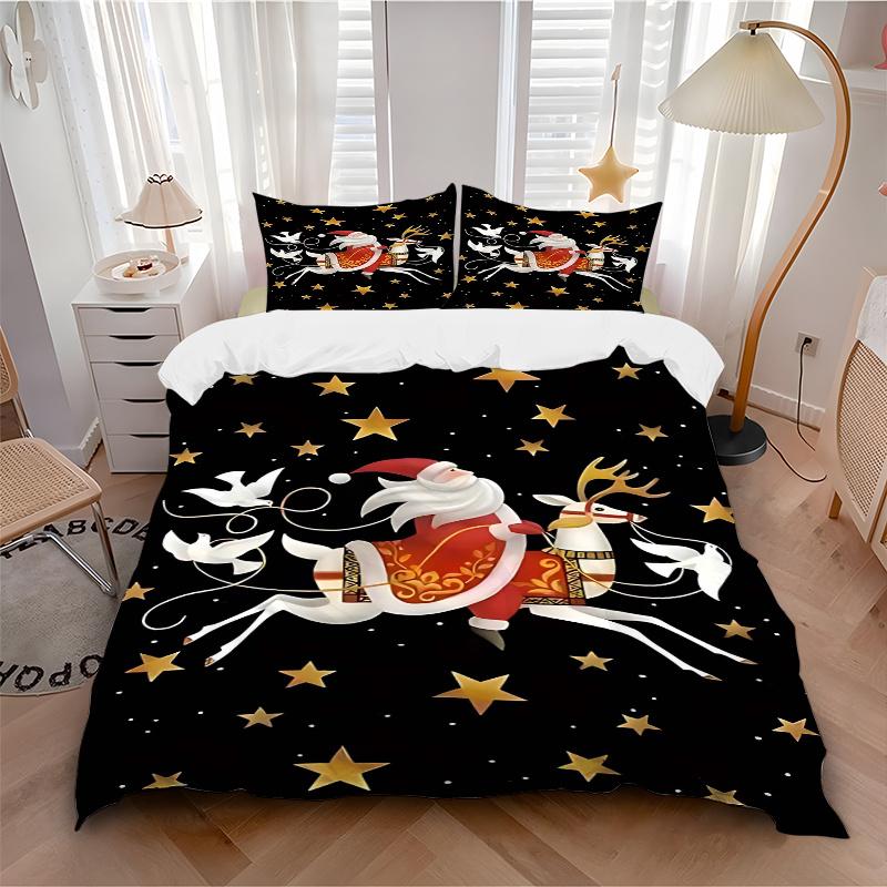 

3pcs Christmas Santa Claus Reindeer Doves Starry Night Comforter Cover Set with Two Pillowcases (No Core), Gift for Bedroom Decor, Anime Cartoon 135x200cm