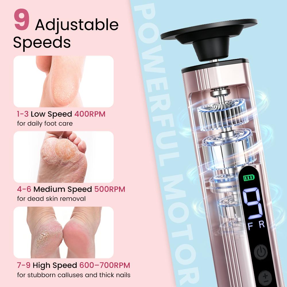 Cordless Electric Foot Grinder 9 Speeds Callus Remover with 20PCS Sandpaper Rechargeable Pedicure Tools for Smooth Feet