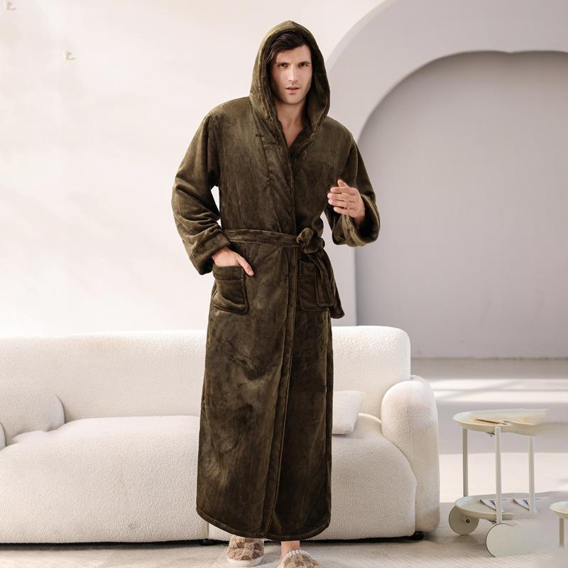 Men's Ultra-Long Ankle Velvet Robe Thickened Flannel Hat Bathrobe Coral Fleece Sleepwear Comfortable Casual Home Wear