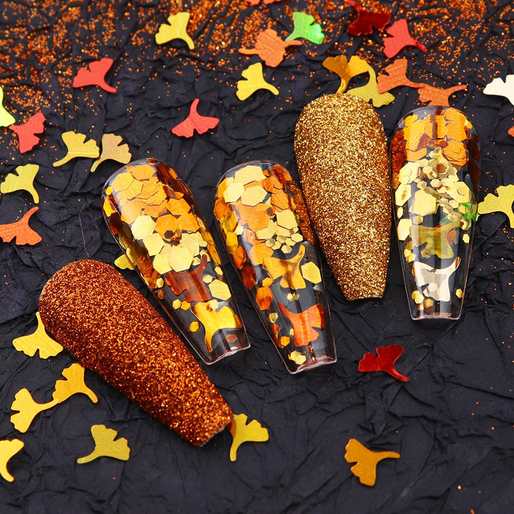 Colorful Ginkgo Leaf Nail Glitter Sequins Mixed Shiny Fallen Leaf Flakes DIY Autumn Nail Art Decoration Accessories Tool