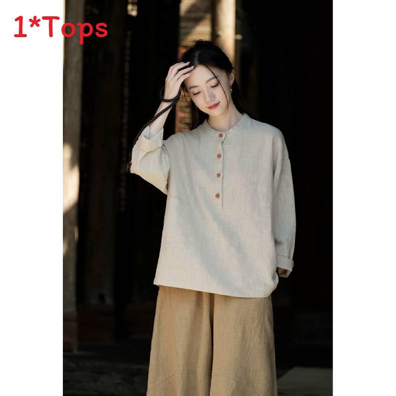 Spring Linen Cotton Womens Shirt With Colorblock Buttons For Vintage Style Casual Wear