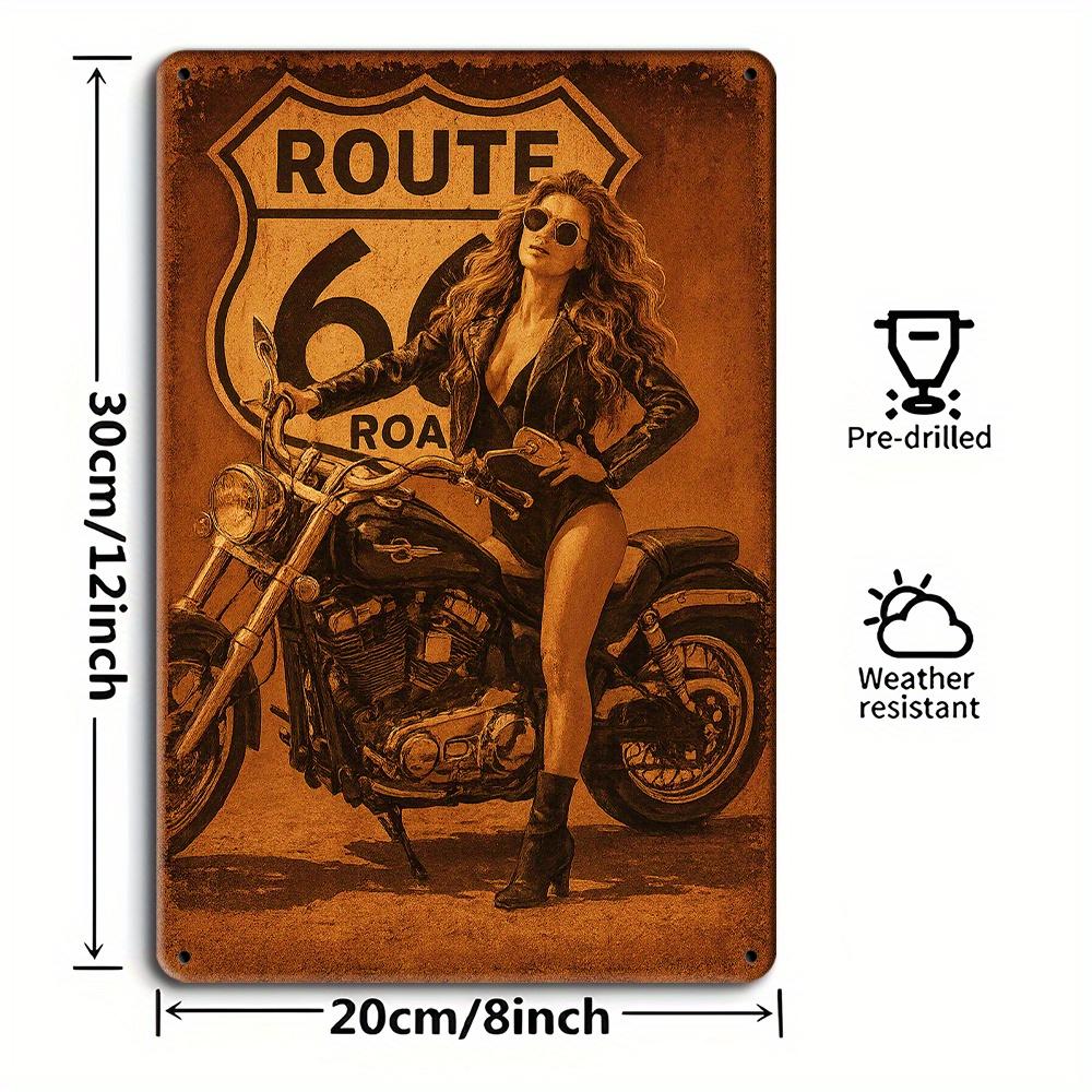 Vintage Route 66 Motorcycle Sign - Retro Aluminum Wall Art for Cafe & Bar Decor