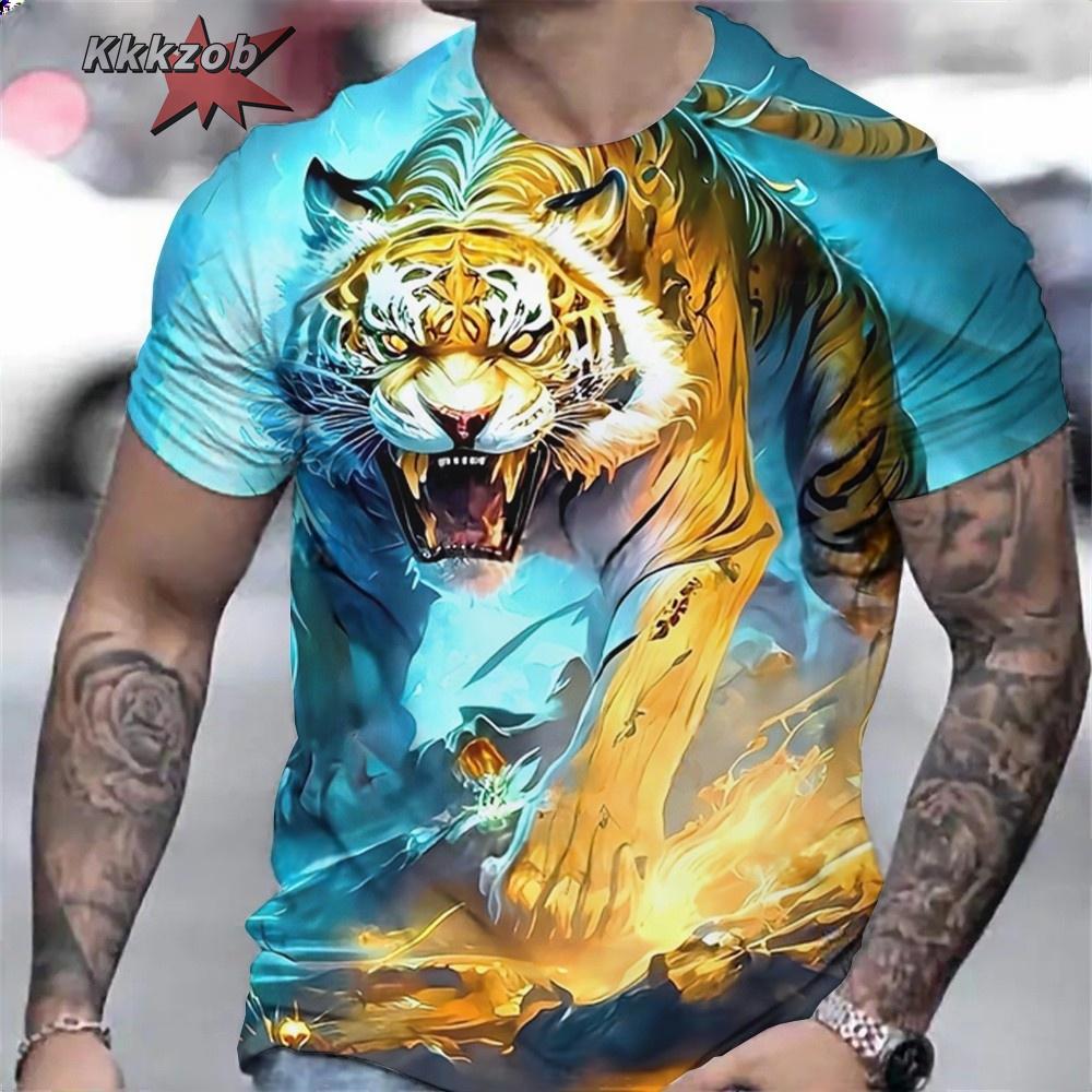 Men's Shirts Fierce Tiger Print T-Shirt 3D Animal Summer Short Sleeved Male Oversized T-Shirts Casual Tops Tees Men Clothing
