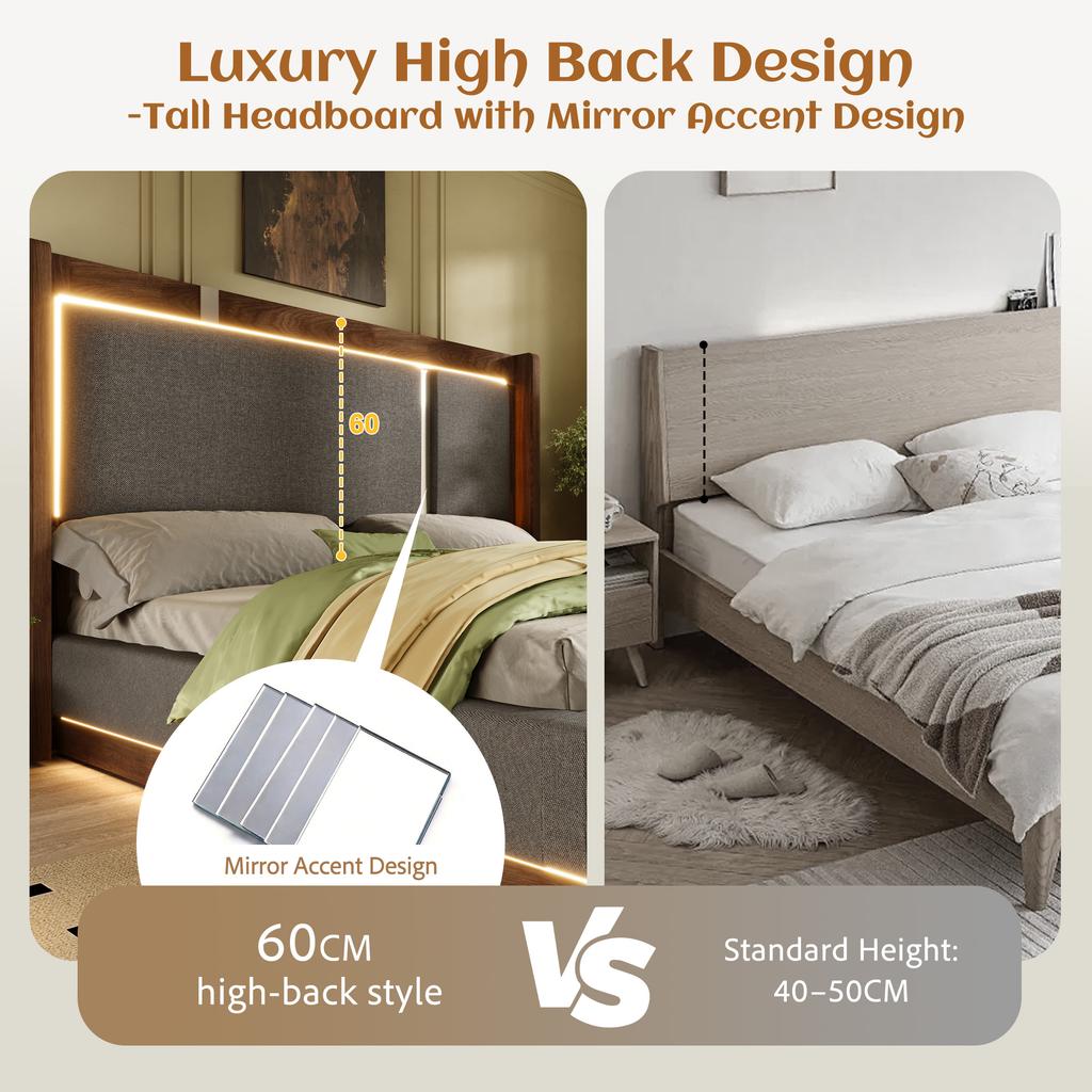 160x200 Double Bed Upholstered Bed with Slatted Frame, LED & Bed Drawer, Hydraulic, Linen Grey & Walnut, without Mattress
