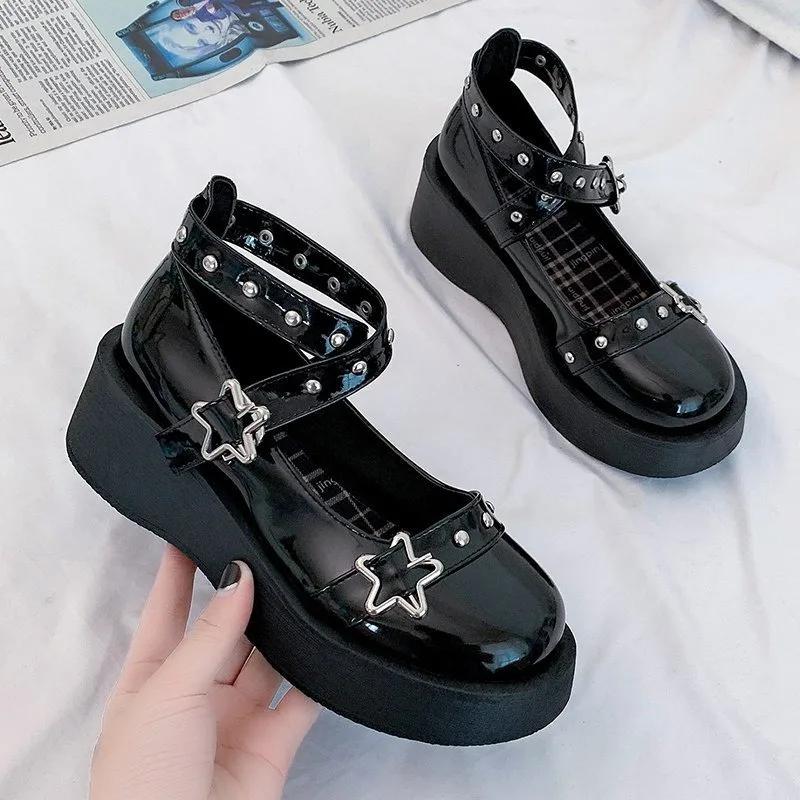 Shoes Lolita Shoes Women Heels Platform Mary Janes Star Buckle Strap Mary Janes Women Cross-tied Girls Rivet Casual Kawaii Shoes