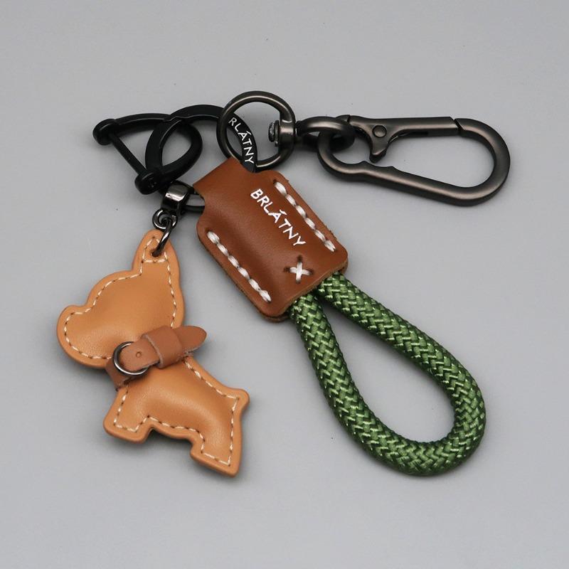 French Bulldog Keychain Handmade Genuine Leather, Braided Rope Key Chain with Anti-Loss Strap for Women Men, Car Key Organize