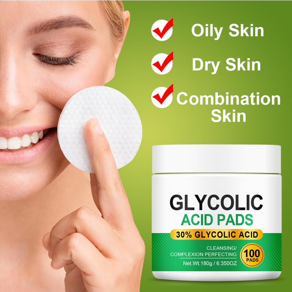 Toallitas con ácido glicólico para el cuidado de la piel, exfoliación, limpieza de poros y reducción del acné (100 toallitas de 20 ml)