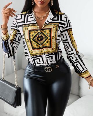 Women Casual Autumn Long Sleeve Scarf Print Colorblock Buttoned Shirt Turn-down Collar Baroque Fancy Blouse