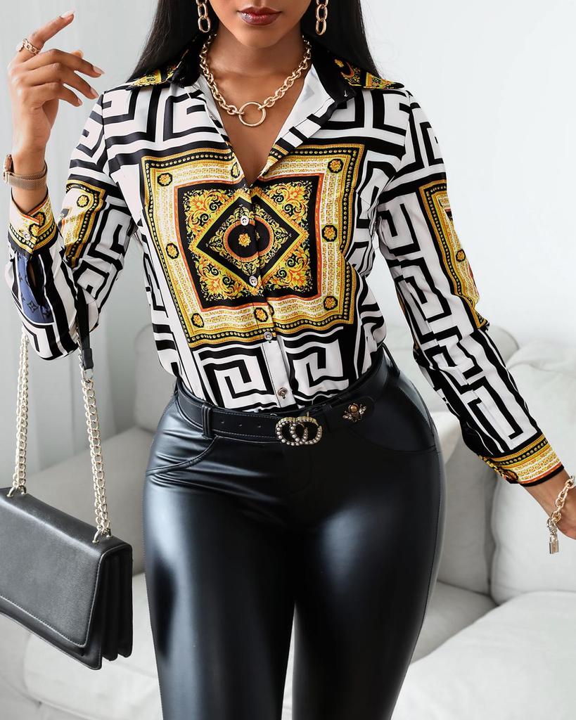 Women Casual Autumn Long Sleeve Scarf Print Colorblock Buttoned Shirt Turn-down Collar Baroque Fancy Blouse