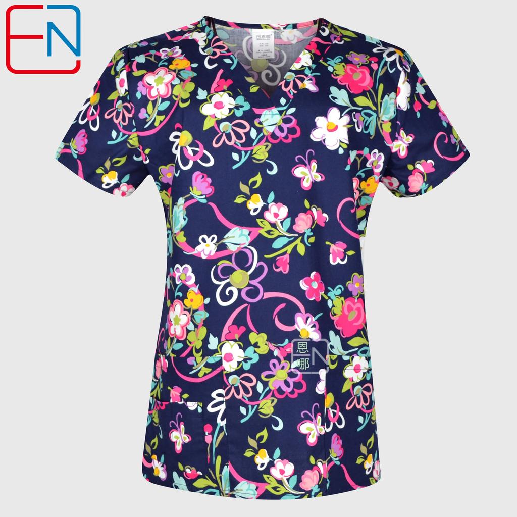Hennar Uniforme de Trabalho Feminino 100% Algodão Estampado Uniformes Decote V Manga Curta XXS-3XL Hospitalar Clínico Uniforme de Trabalho Top
