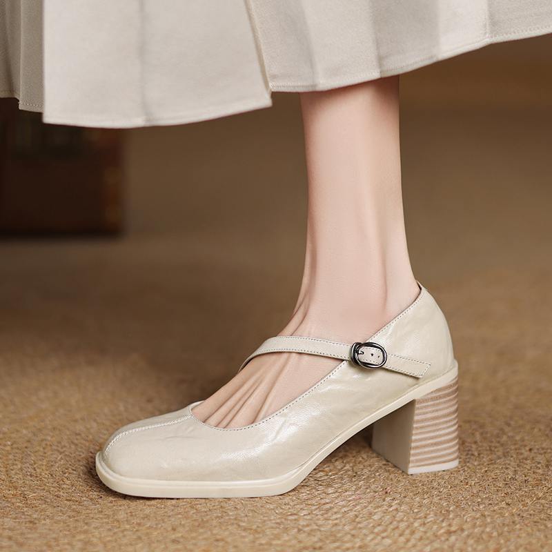 Krazing Pot Sheep Skin Spring Summer Size 41 Chunky Heels Women Square Toe Mary Janes