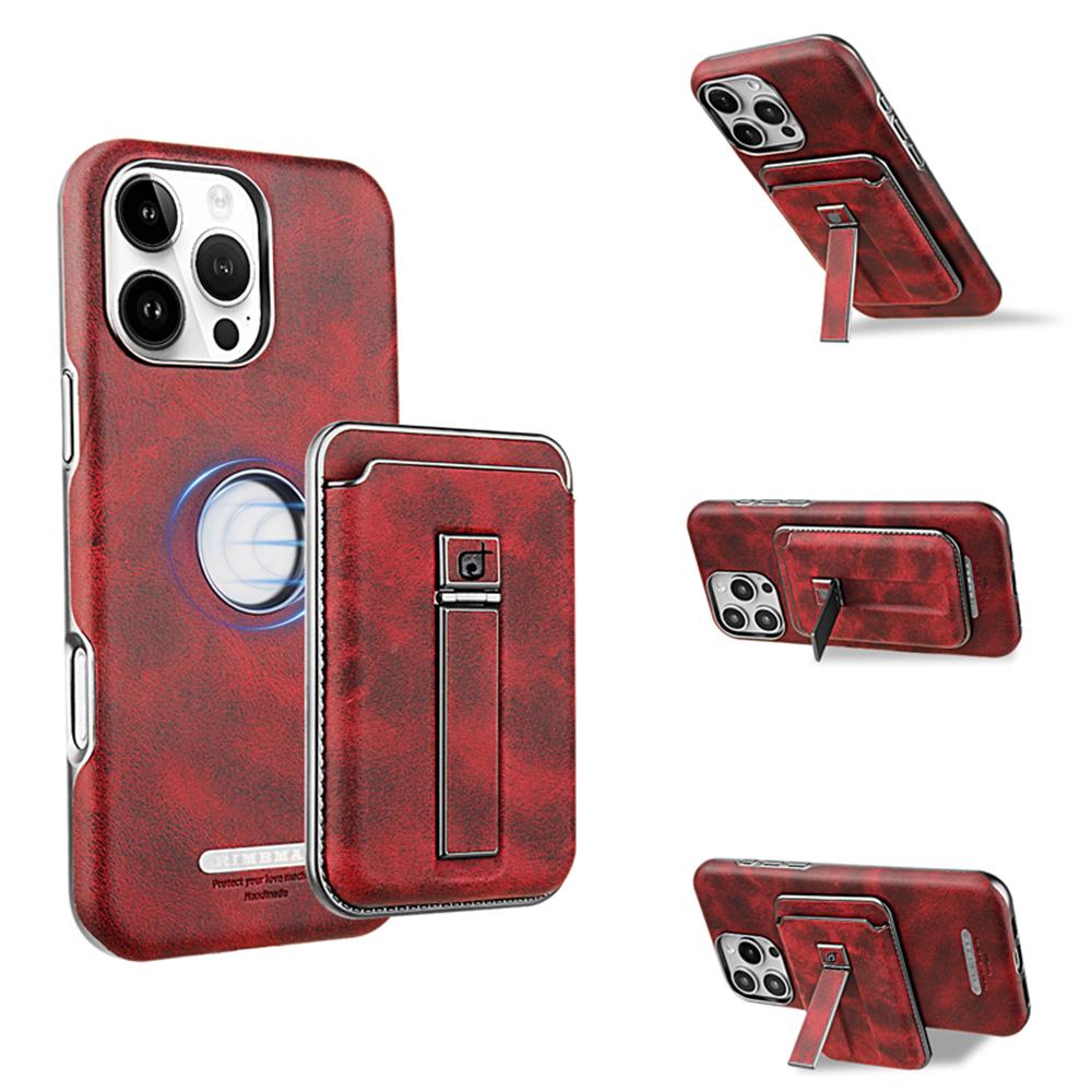 

For iPhone 16 Pro Case with Card Holder Kickstand Leather Texture PC Matte Phone Cover Electroplated Red