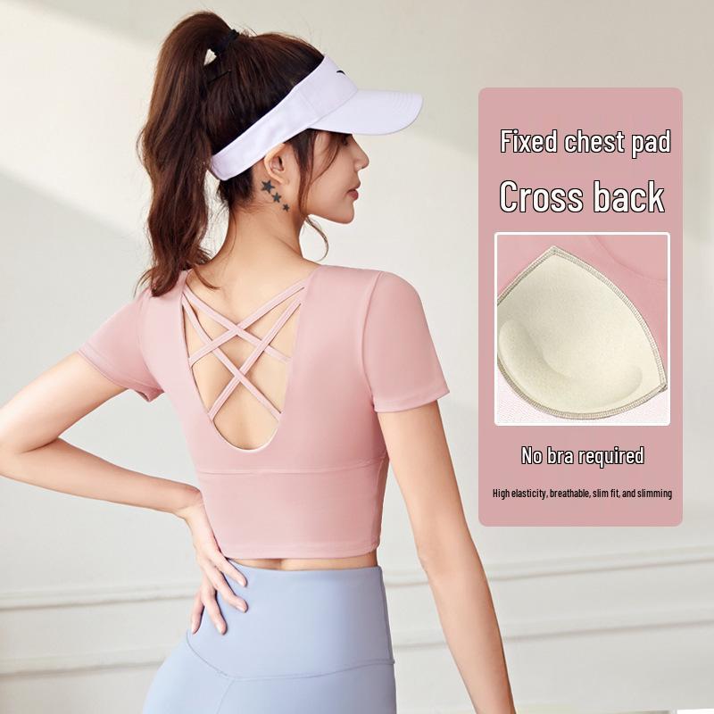 

Yoga Slim Fit Criss-Cross Back Sports T-Shirt with Built-in Bra S