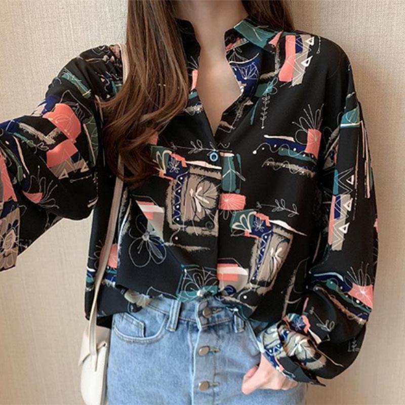 Skjorte Dame Retro Hong Kong Stil Vår og Sommer Stil Koreansk Trykkdesign POLO Krage Nisje Løs Skjorte Dame Topp