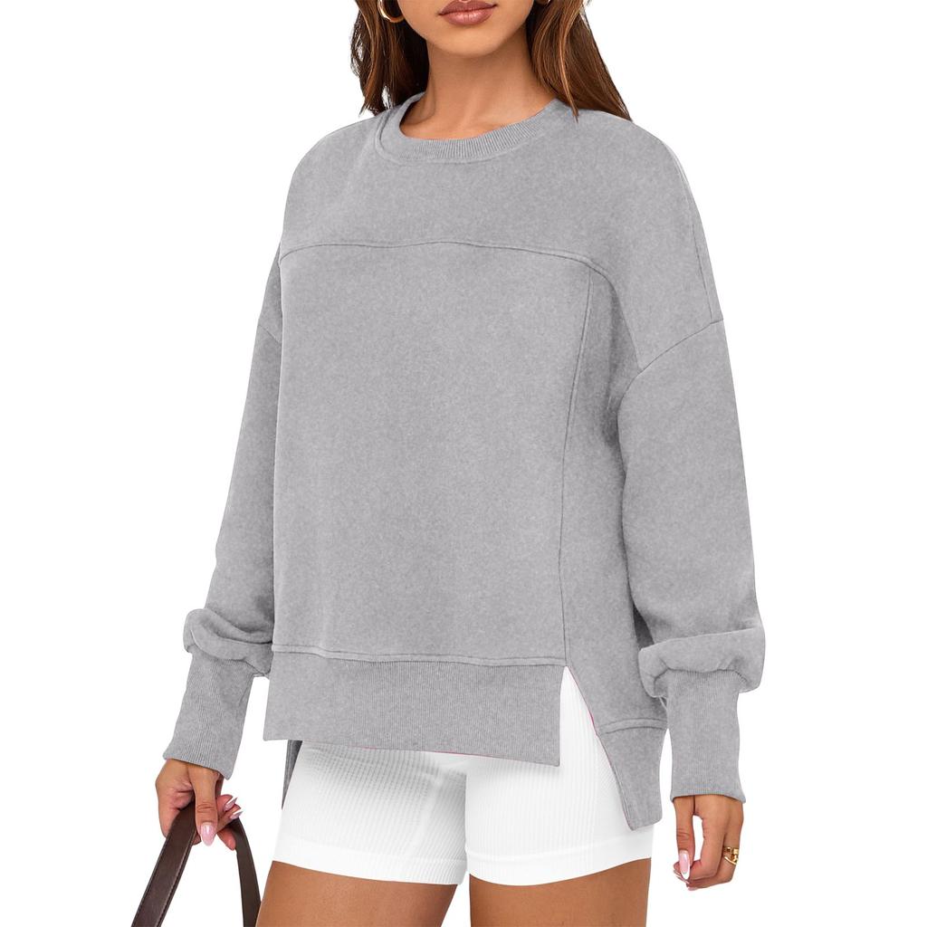 Ladies' Casual And Fashionable Solid Color Round Neck Long Sleeved Slit Loose And Comfortable Sweatshirt