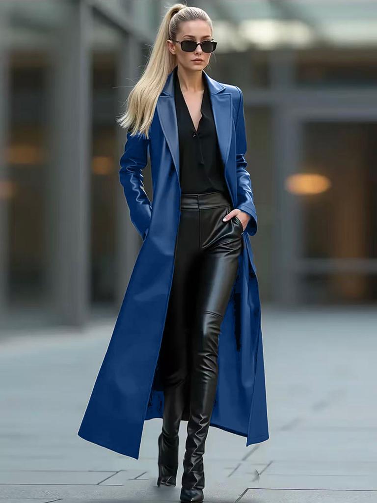 Grensoverschrijdende Europese en Amerikaanse stijl lange leren jas voor dames, modieuze high-end afslankende PU leren jas, 2026 nieuwe collectie