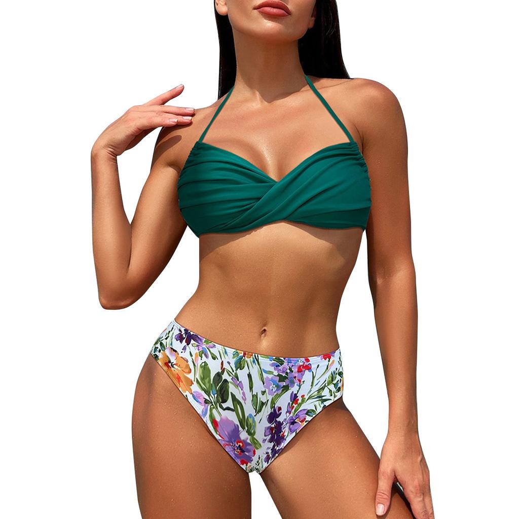 Women's Fashion Quick Dry High Waist Bikini Clashing Colour Printed Sexy Swimwear
