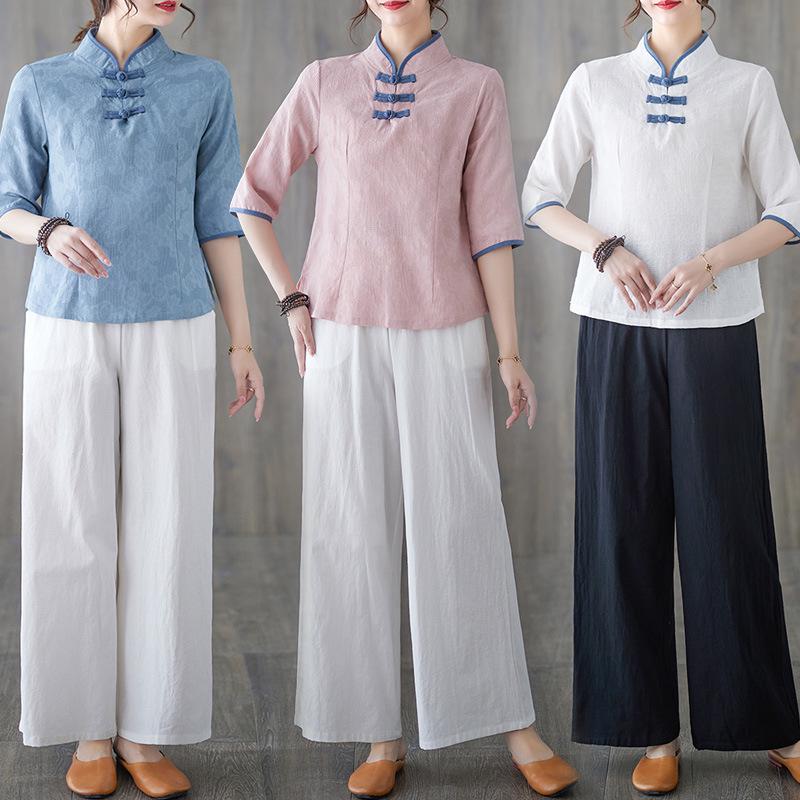 

Women s Spring/Summer Retro Tang Suit Zen Top - Chinese Style Hanfu Cotton Linen Set M