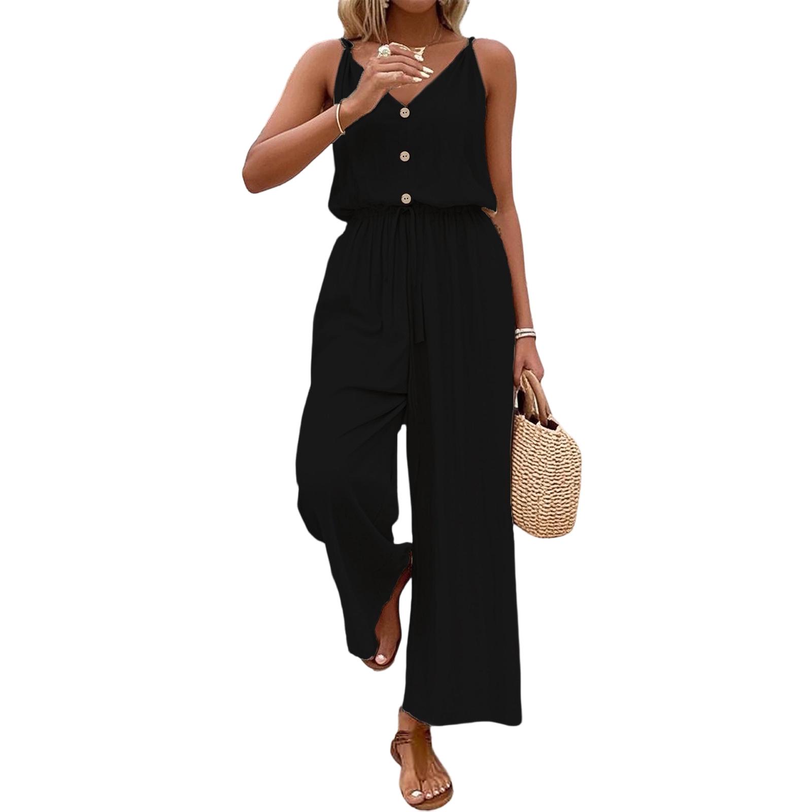 

Sleeveless Button Front Wide Leg Jumpsuit with Adjustable Elastic Waist Relaxed Fit Casual Outfit for Women M чёрный