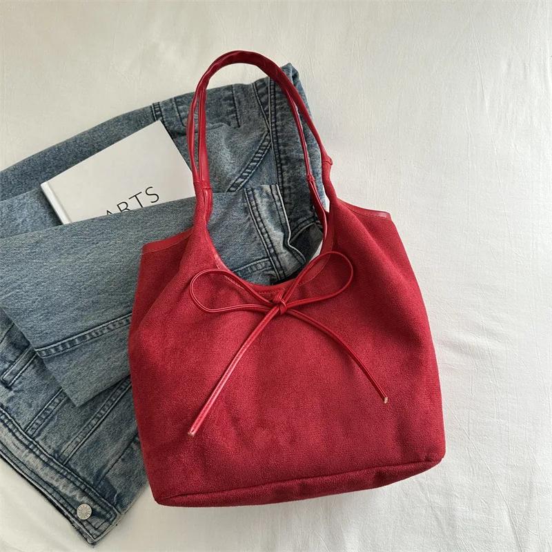 Fashion Bow Design Shoulder Bags for Women Vintage Faux Suede Ladies Commuter Underarm Tote Bag Female Large Capacity Handbags