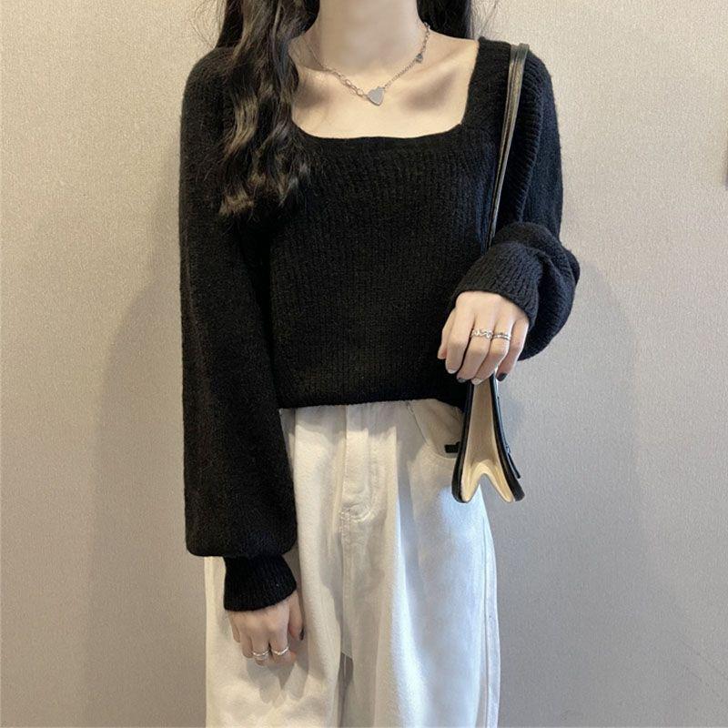 European Style Women's Lantern Sleeve Knitted Sweater Top