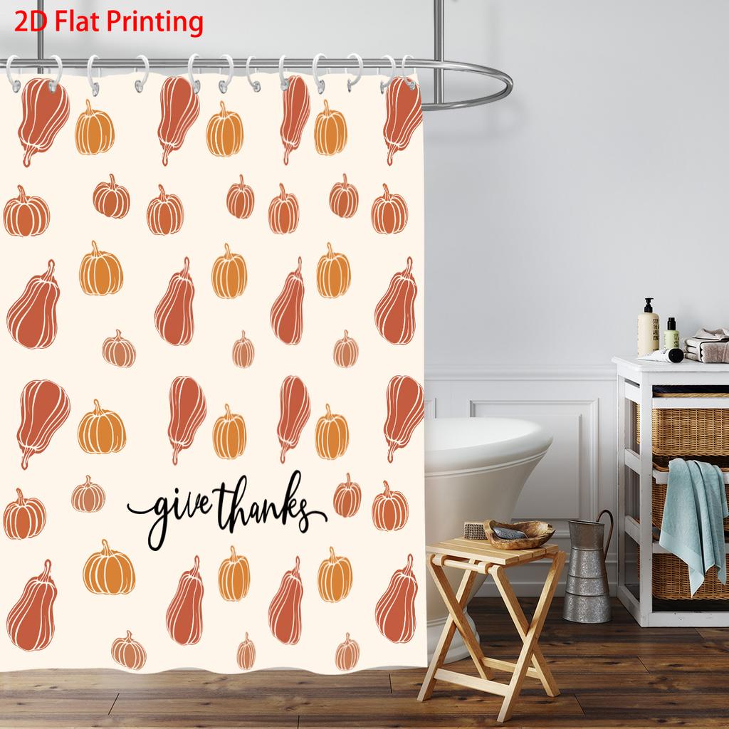 1pc Autumn Harvest Festival Pumpkin Print Waterproof Shower Privacy Hanging Curtain with 12 Hooks Multiple Size Machine Washable