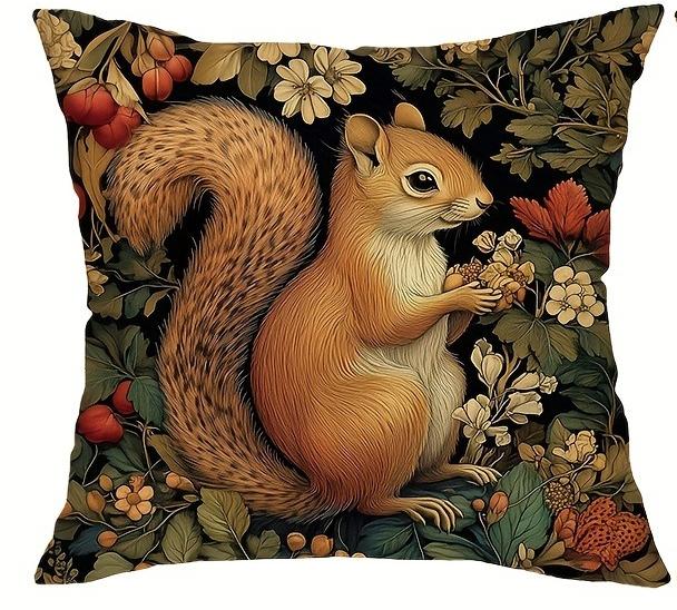 Vintage Floral Animal Print Throw Pillow Covers,Polyester Zippered Cushion Cases with Squirrel, Deer, Rabbit, Fox Designs