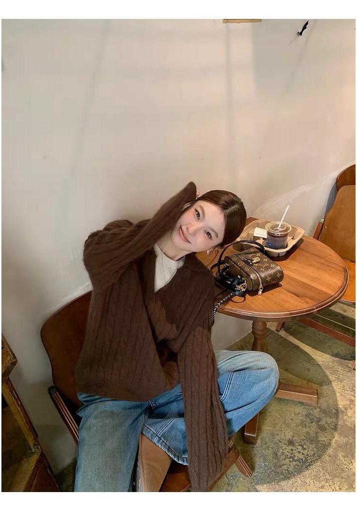 100% Pure Wool Color Block Lapel Korean Style Pullover Knitwear - Women's Autumn Winter Loose Cable Knit Sweater