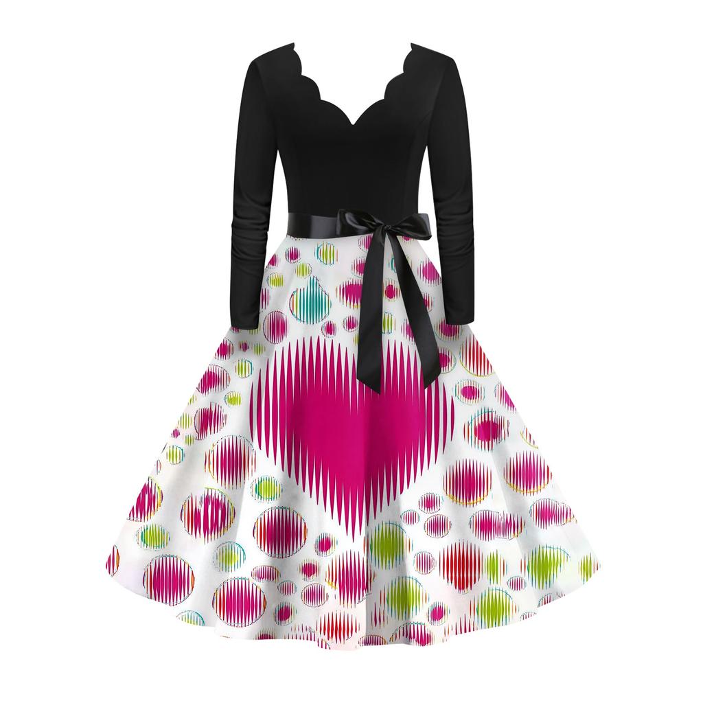 Damska stylowa i elegancka sukienka z długim rękawem, dekoltem w serek w kształcie serca na Walentynki