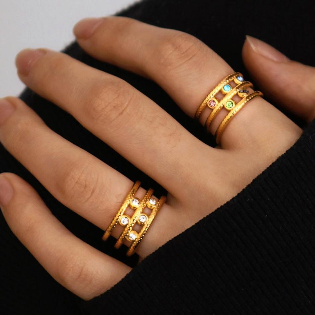 18K Gold Plated Open Women's Gemstone Ring - Non-fading, Stainless Steel, Versatile Jewelry