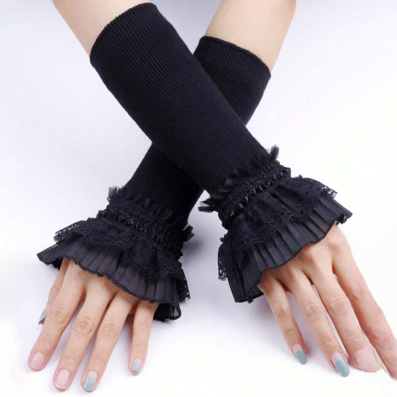 Girls Elastic Fingerless Arm Warm Gloves Double-layer Floral Lace Knitted Fake Sleeves Lolita Cuffs Decorative Accessory