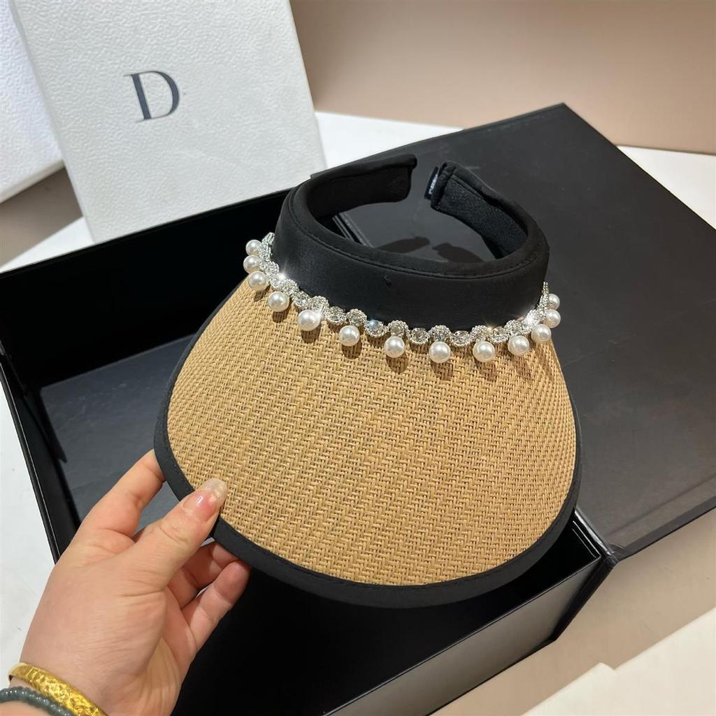 Light Luxury Pearl Rhinestone Empty Top Hat Women's Summer Outdoor Travel Light Big Brim Vinyl Sun Hat