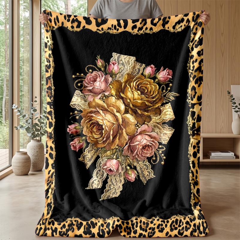 Leopard Roses and Bows Theme Blanket Lightweight Warm Flannel Blanket Decorative Throw Blanket for Home Decoration