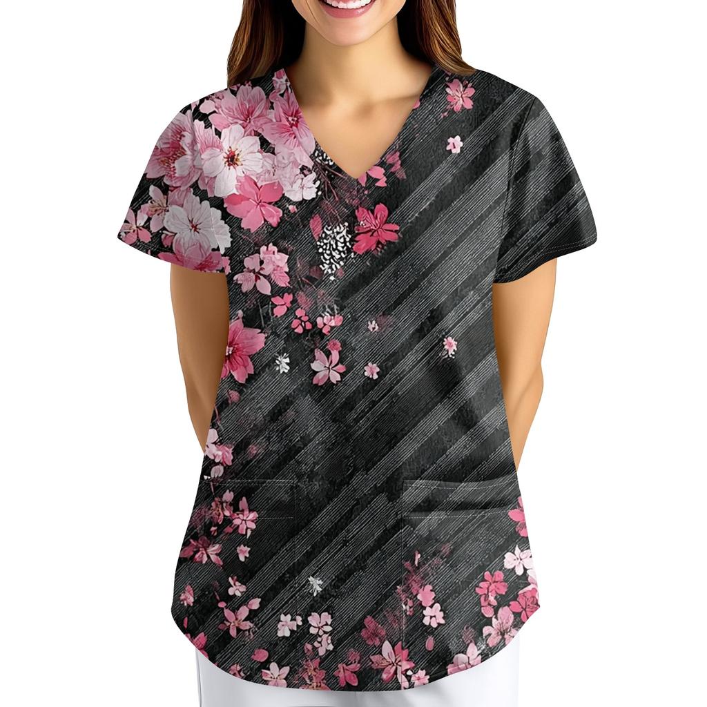 Nadměrná velikost Potištěný pracovní oděv Halenky pro dámský překřížený výstřih do V Potisk Krátký rukáv Zábavná trička Pracovní oděv Tričko s kapsami