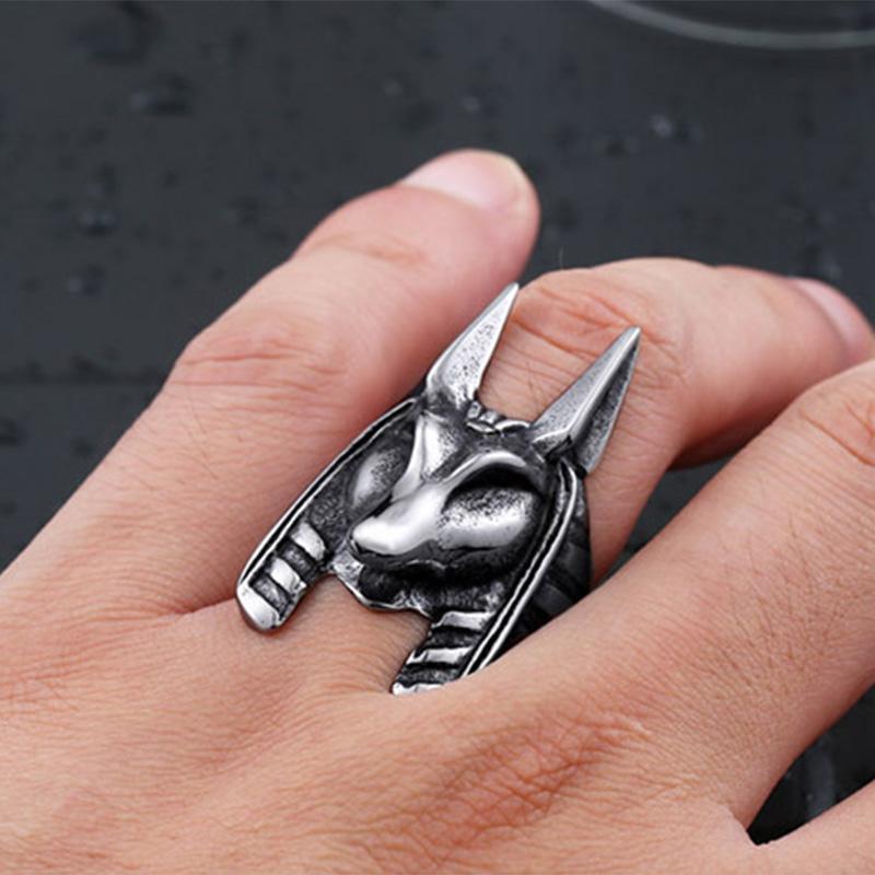 Retro Anubis Large Ring For Men Silver Color Punk Gothic Rock Hiphop Open Ring Handmade Designer  Biker Accessories Gift
