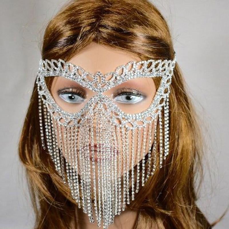 Tassel Veil Mask for Rhinestone Mask Chain Masquerade Face Mask for Creative Crystal Cats Eye Fringe Mask with Elasti