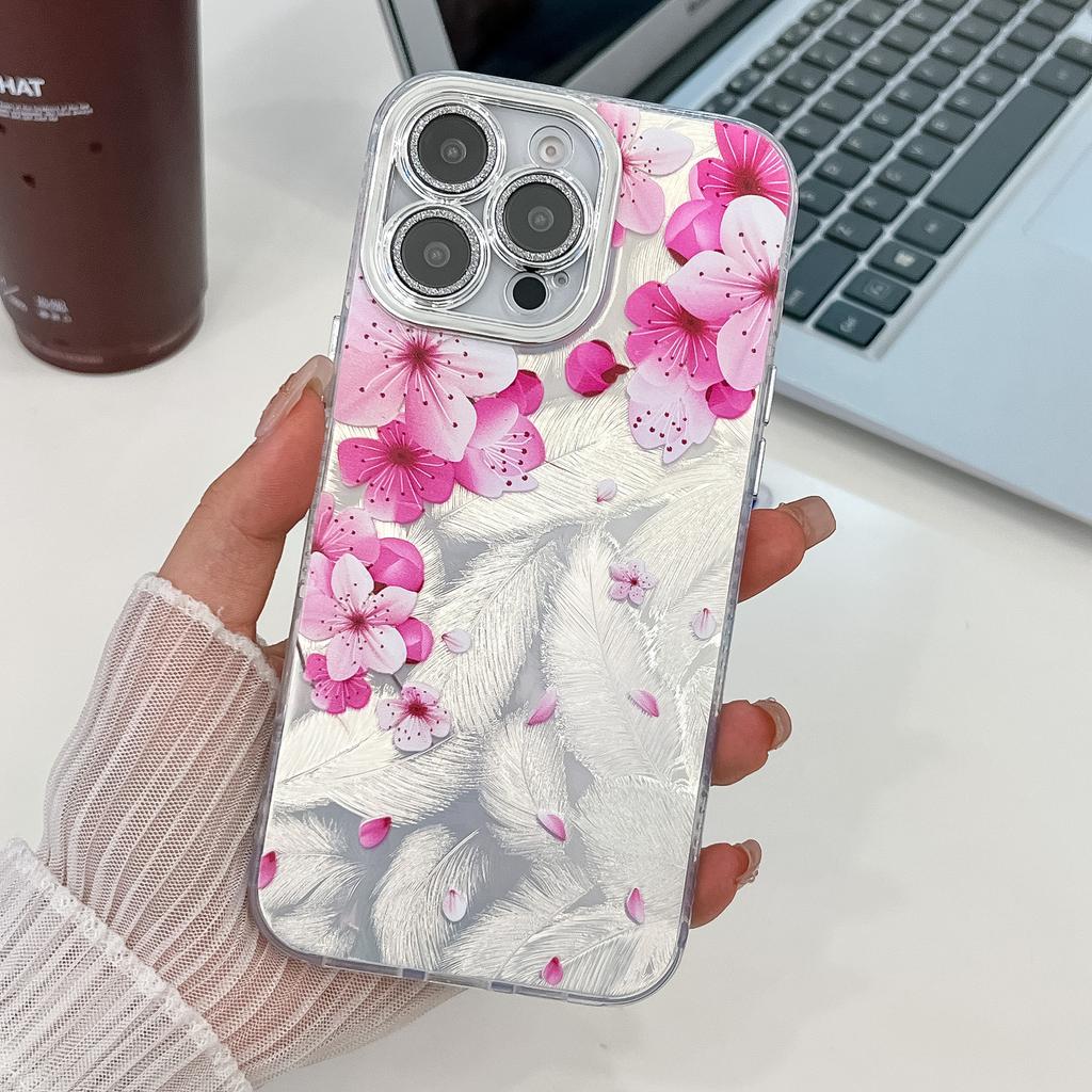 For Apple 16E Flower Phone Case for IPhone 15 Promax with Bracelet Sparkling Pink Lens Film Hard Case