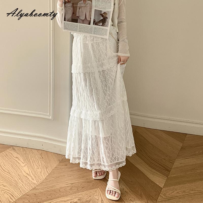 Fairycore Autumn Winter Women White Maxi Long Lace Skirt Elastic Waist Floral Embroidery Delicate Skirt Elegant Feminine Ladies' Basic Skirts