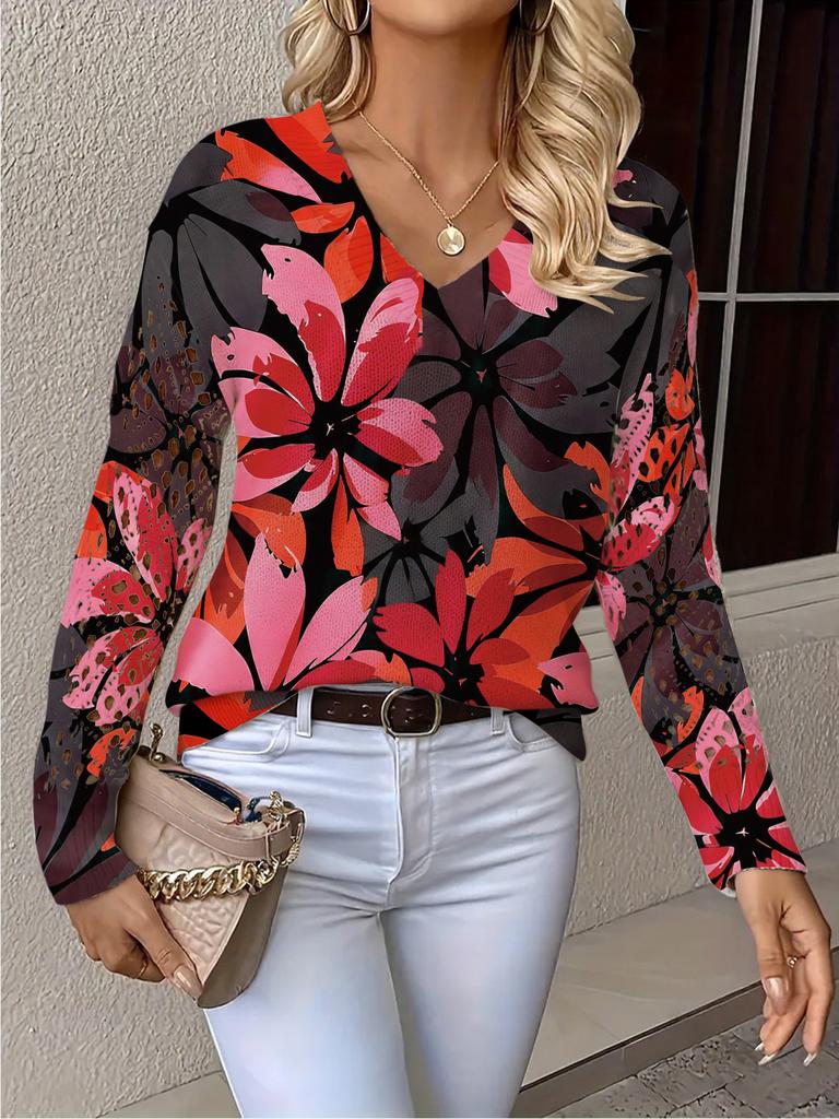 Neues bedrucktes V-Ausschnitt-Oberteil Damen beliebter Pullover Langarm Frühling und Herbst Pullover