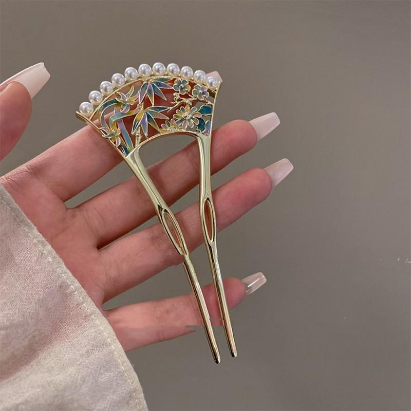 Premium Mesh & Leaf U-Shaped Hairpin: Elegant Ancient & Modern Chinese Style for Women.