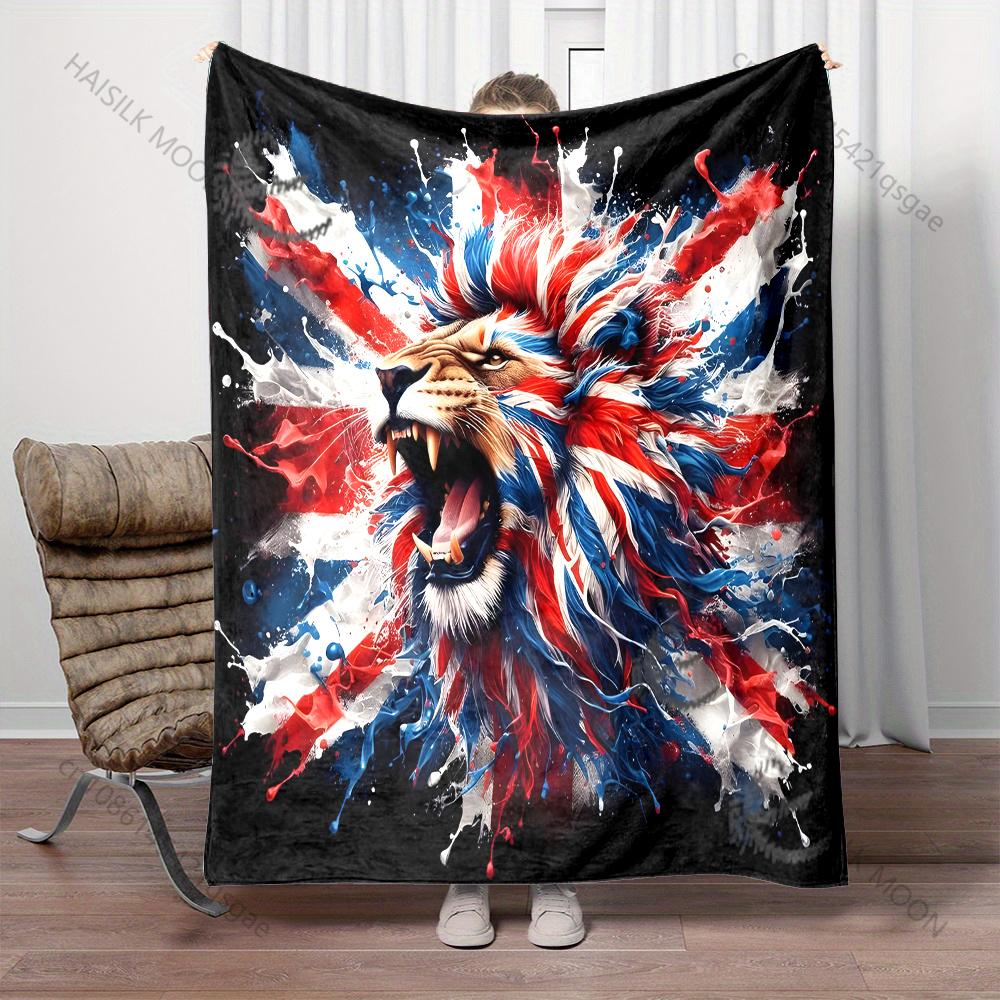 Lion and Flag Art Printing Blanket Warm Soft Fluffy Kids and Adults Sofa Bed Throw Blanket for Home Travel Camping Large Size 75X95CM