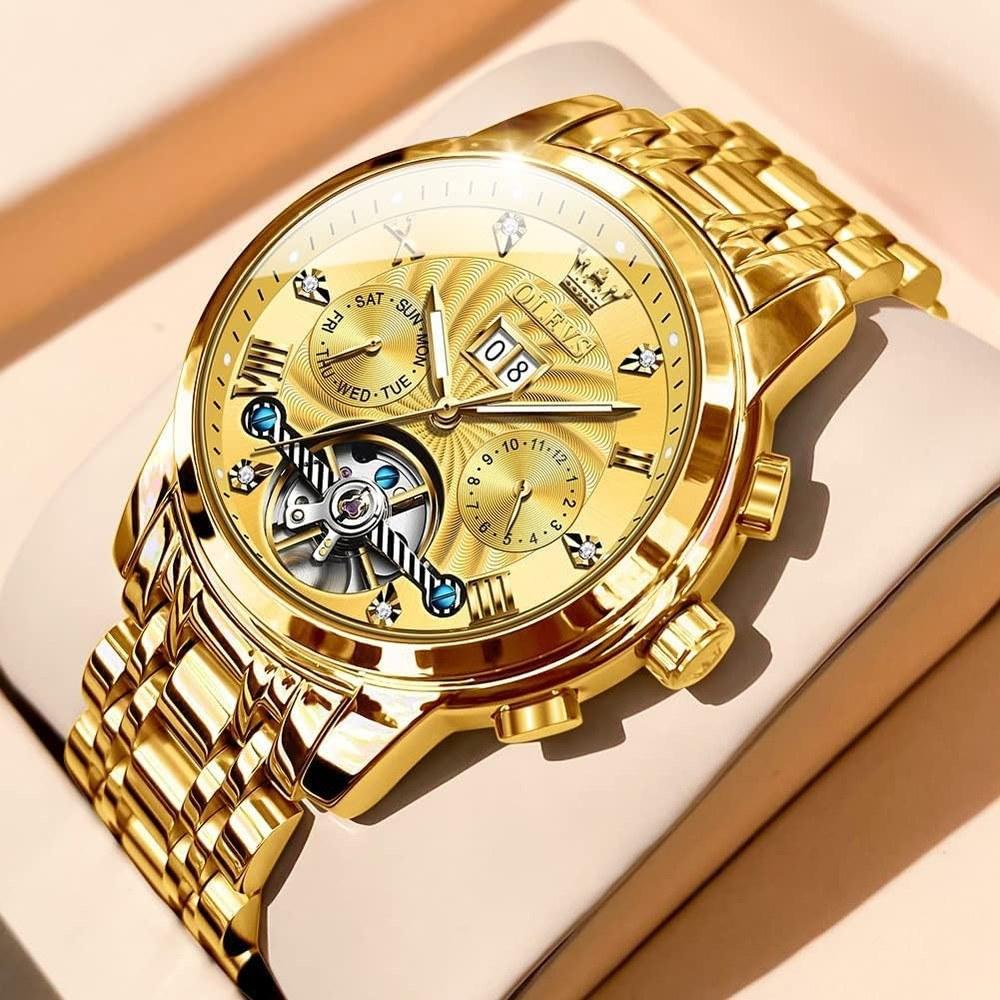 OLEVS Men's Automatic Skeleton Tourbillon Wristwatch Gold Night Glow Date Waterproof