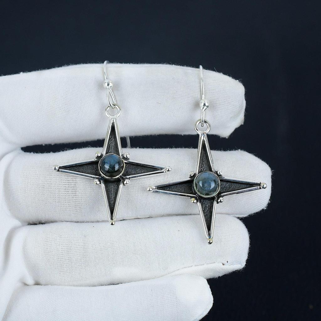 Natural Blue Flash Labradorite Gemstone Star Shape Earrings, 925 Sterling Silver Earring, Handmade Boho Silver Jewelry Dangle Earrings, Birthday Gift