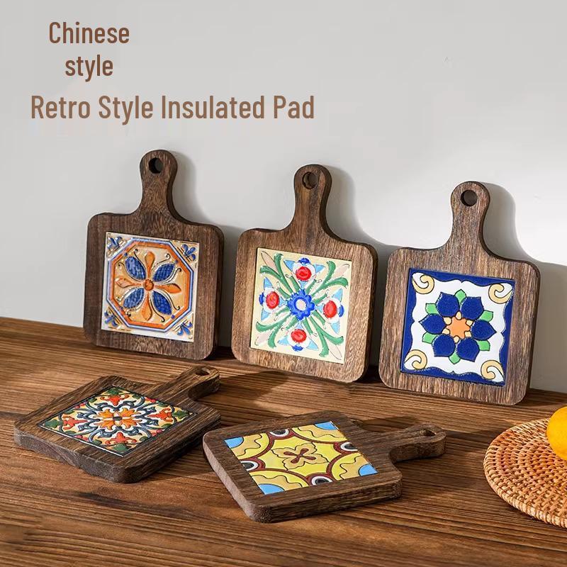 

High-Temperature Resistant Ceramic Insulation Pad with Retro Solid Wood Handle - Anti-Scald Casserole Tile for Dining Table Blue Lotus