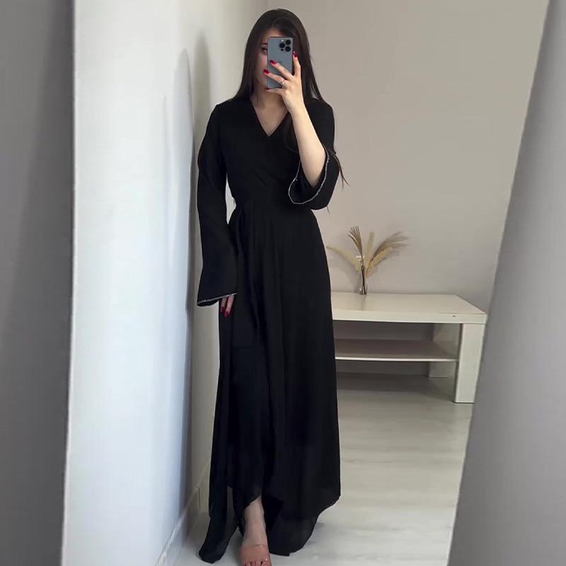 

2024 Осень Женское Легко Зрелое Платье с V-образным Вырезом и Завязкой на Талии Однотонное с Длинным Рукавом XXL чёрный