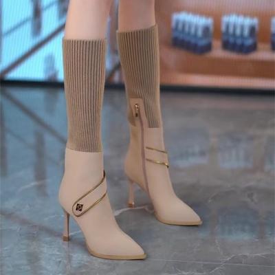 Mode Automne Nouvelles Bottes Simples à Talons Fins Femmes Mode Pointues Boucle Métallique Fermeture Éclair Latérale Épissure Talon Haut Bottes Élastiques
