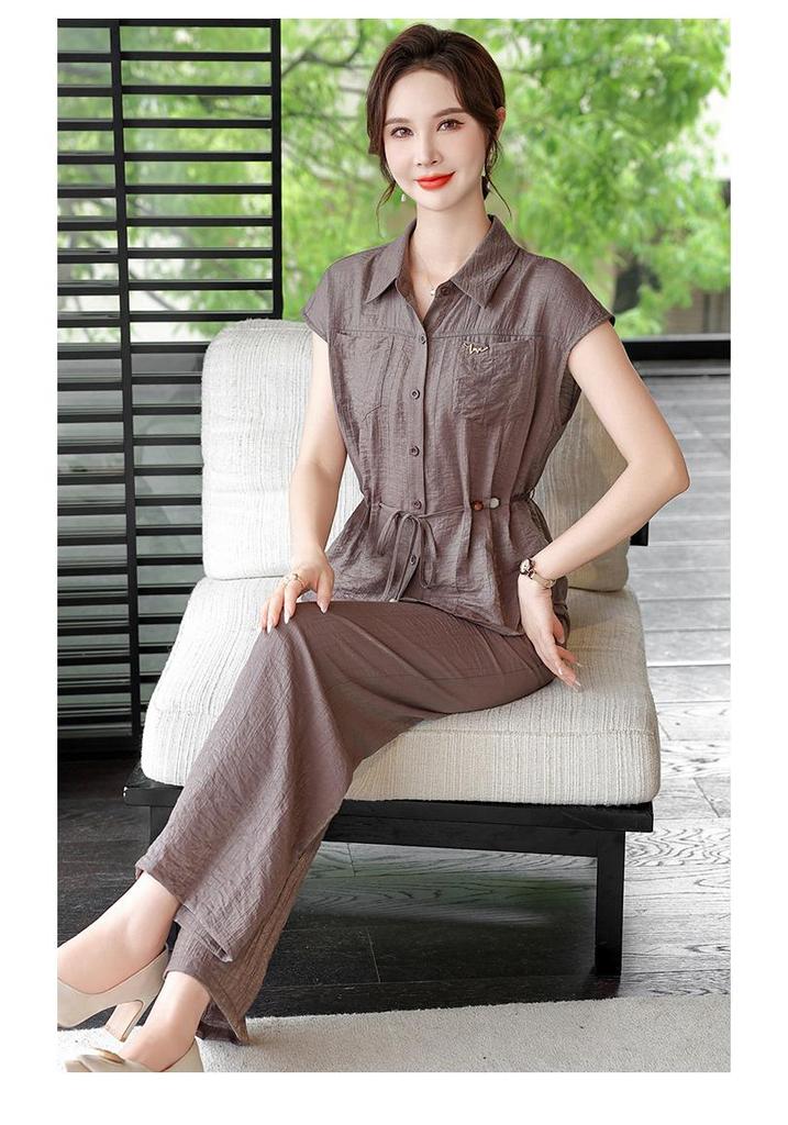 2026 Summer Casual Set for Moms: Elegant Lapel Short-Sleeve Chiffon Top for Middle-Aged & Elderly Women